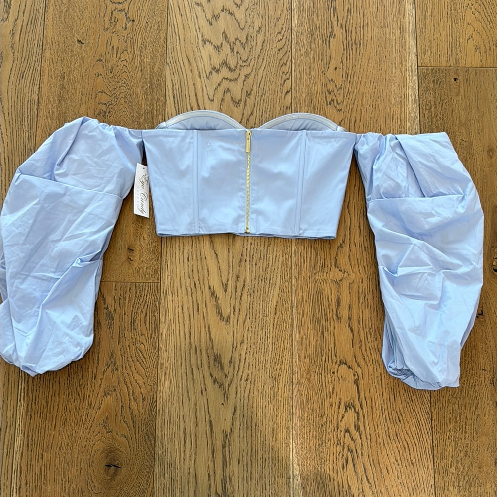 Light Blue Off-Shoulder Puff Sleeve Corset Top - Picture 3 of 6